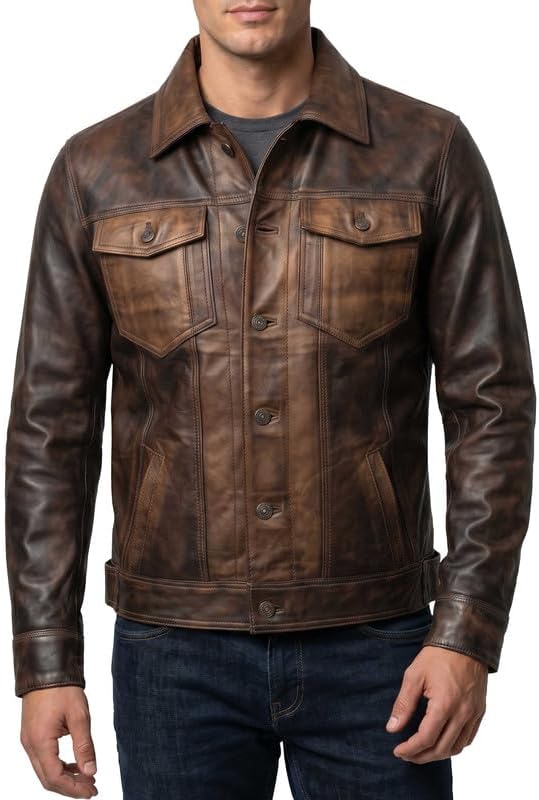 Western Trucker Leather Jacket Men -Distressed Brown