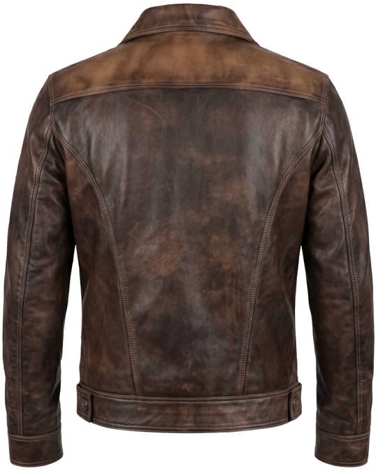 Western Trucker Leather Jacket Men -Distressed Brown