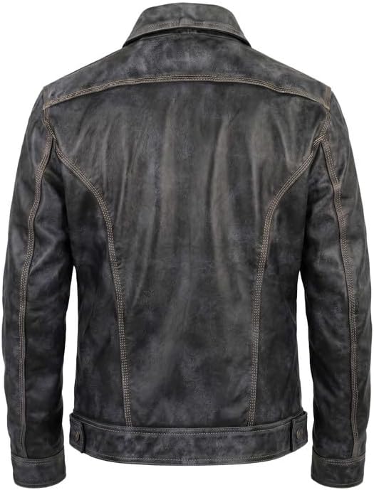 Western Trucker Leather Jacket Men -Distressed Black