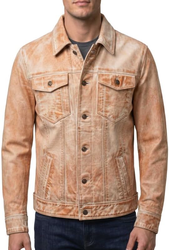 Western Trucker Leather Jacket Men -Distressed Off-white