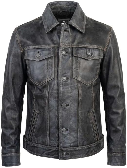 Western Trucker Leather Jacket Men -Distressed Black