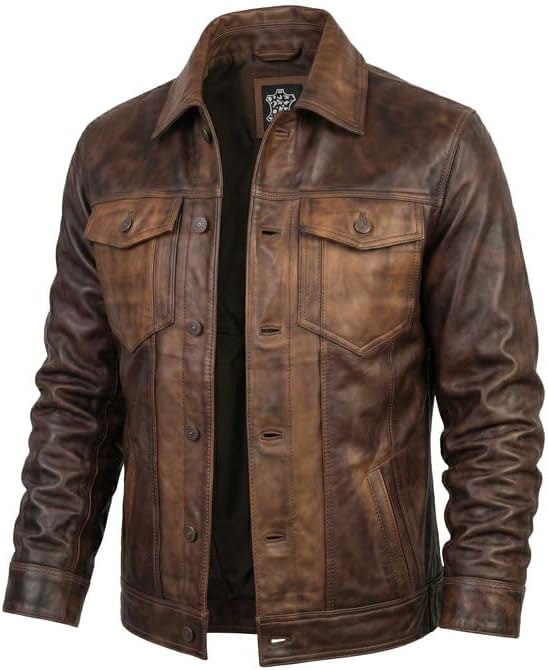 Western Trucker Leather Jacket Men -Distressed Brown