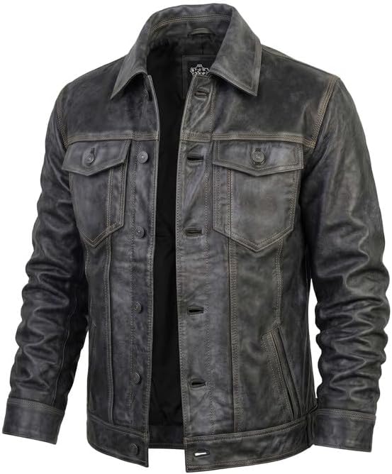Western Trucker Leather Jacket Men -Distressed Black