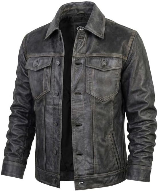 Western Trucker Leather Jacket Men -Distressed Black