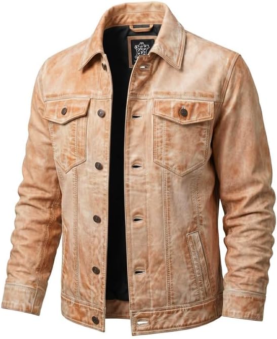 Western Trucker Leather Jacket Men -Distressed Off-white