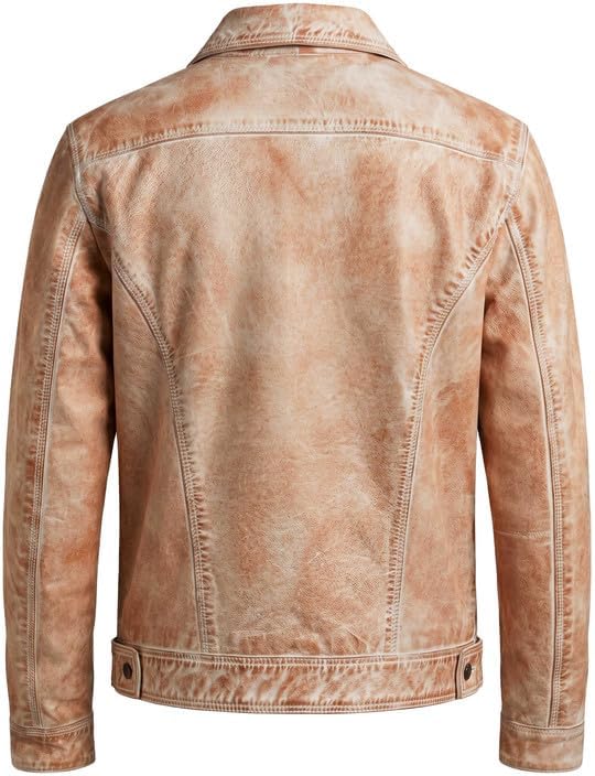 Western Trucker Leather Jacket Men -Distressed Off-white