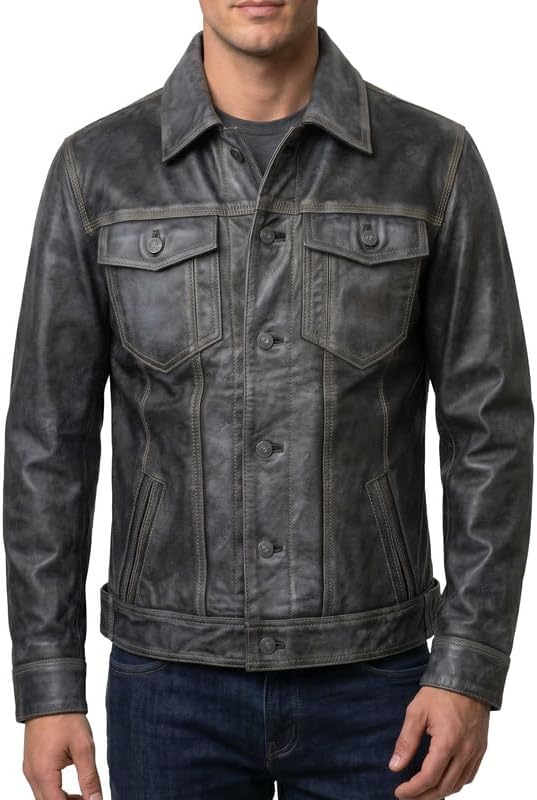 Western Trucker Leather Jacket Men -Distressed Black