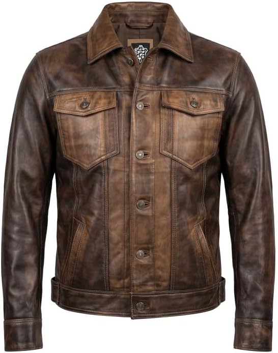 Western Trucker Leather Jacket Men -Distressed Brown