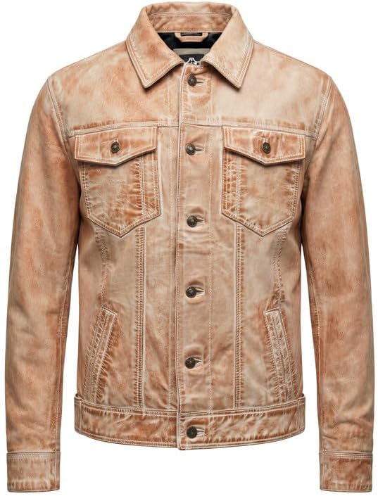 Western Trucker Leather Jacket Men -Distressed Off-white