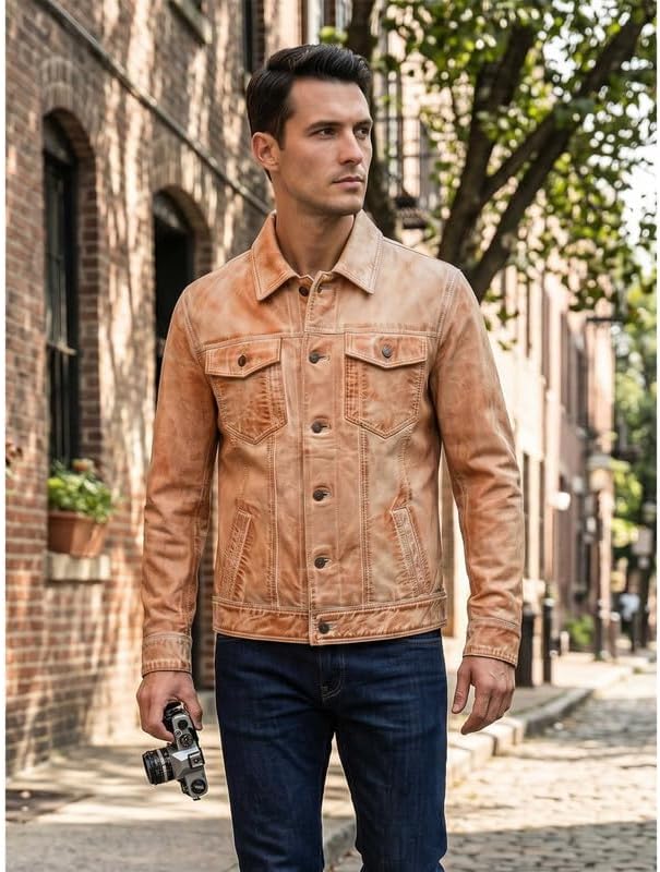 Western Trucker Leather Jacket Men -Distressed Off-white