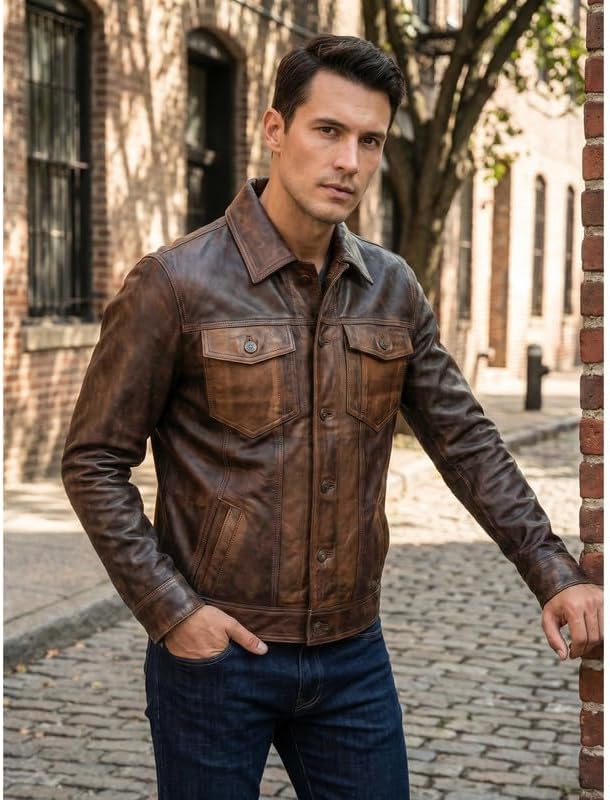 Western Trucker Leather Jacket Men -Distressed Brown