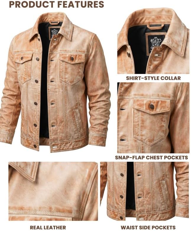 Western Trucker Leather Jacket Men -Distressed Off-white