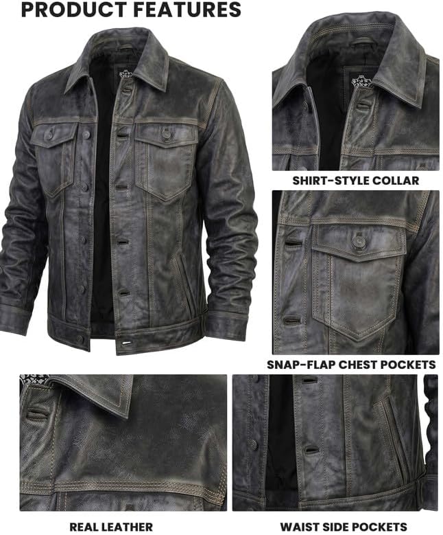 Western Trucker Leather Jacket Men -Distressed Black