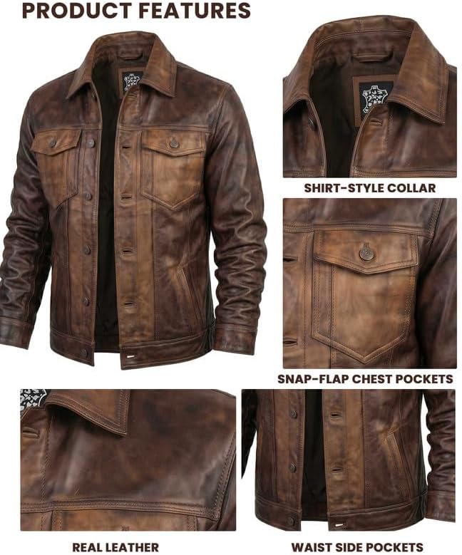 Western Trucker Leather Jacket Men -Distressed Brown