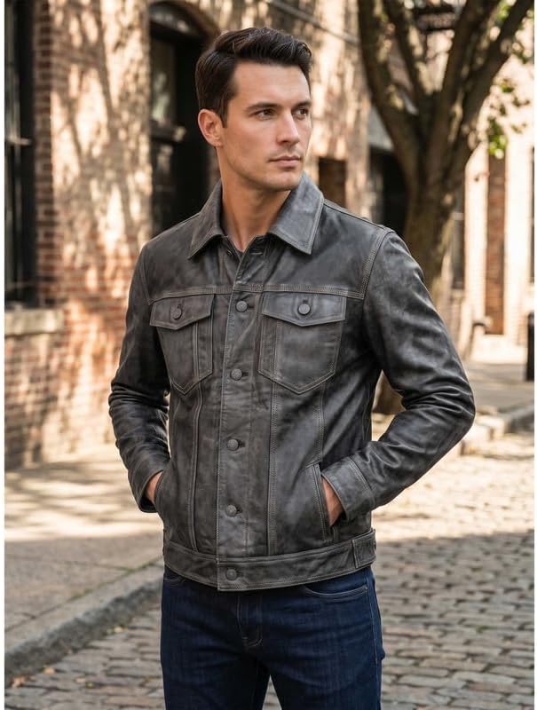 Western Trucker Leather Jacket Men -Distressed Black