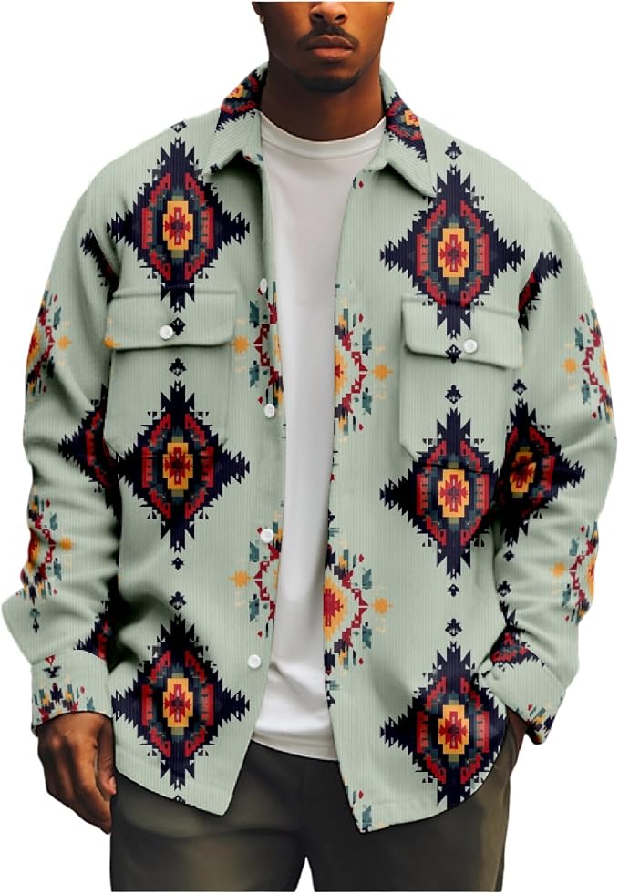 Mens Retro Aztec Ethnic Print Shirt Jacket 03