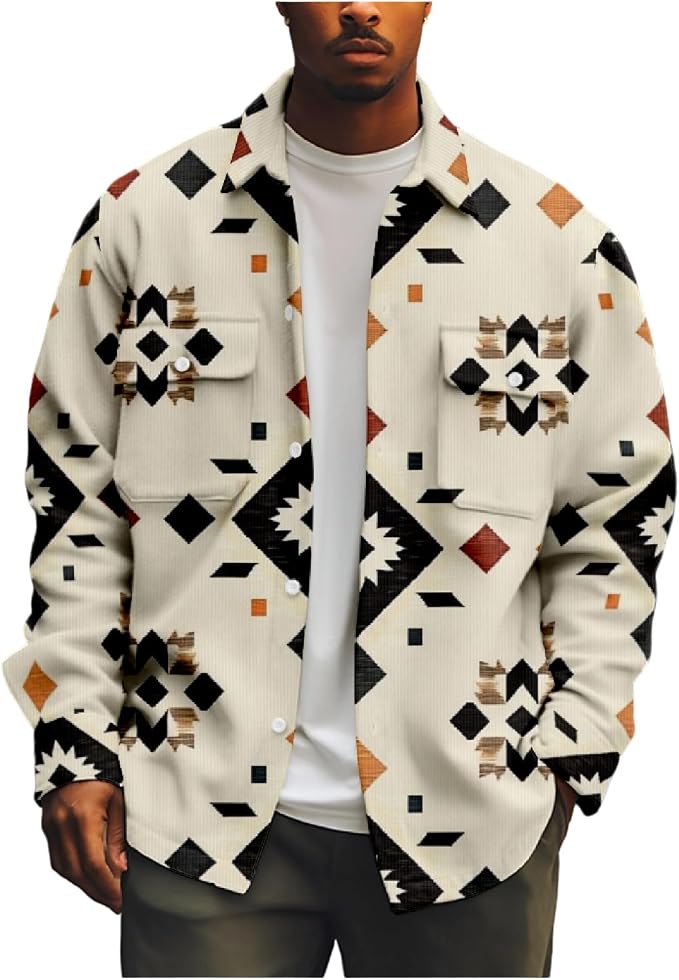Mens Retro Aztec Ethnic Print Shirt Jacket 08