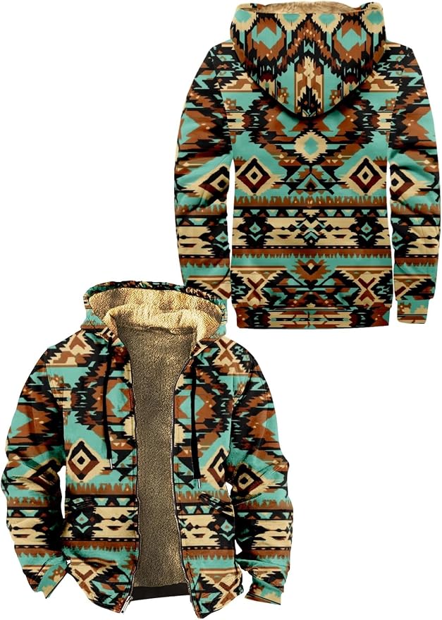 Retro Aztec Print Fleece Hooded Jacket 05