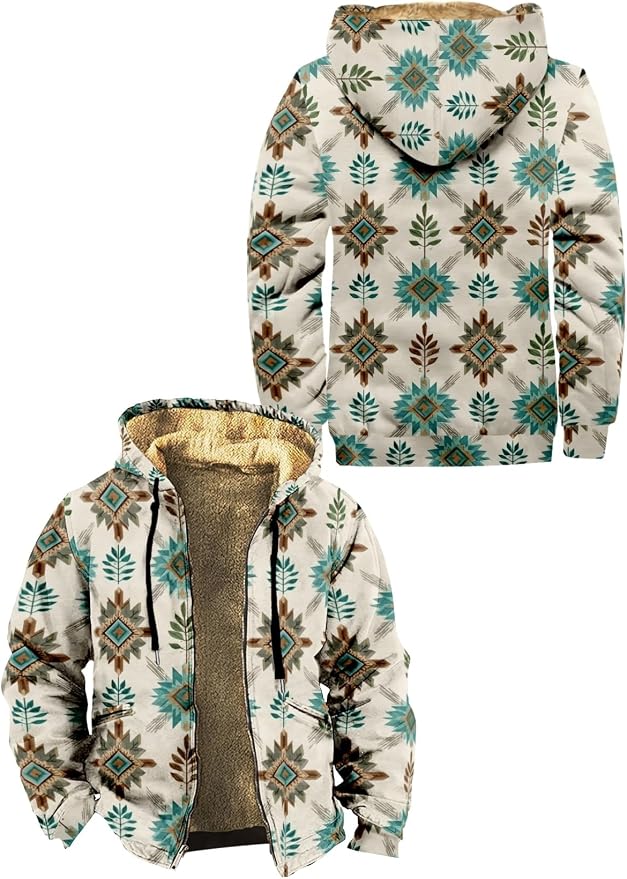 Retro Aztec Print Fleece Hooded Jacket 15