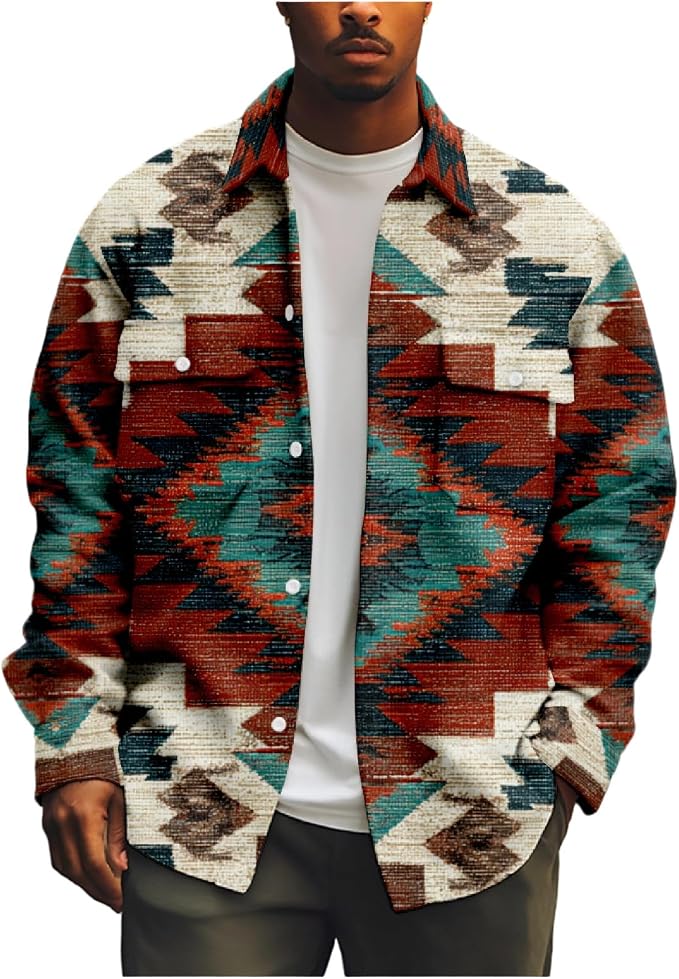 Mens Retro Aztec Ethnic Print Shirt Jacket 07