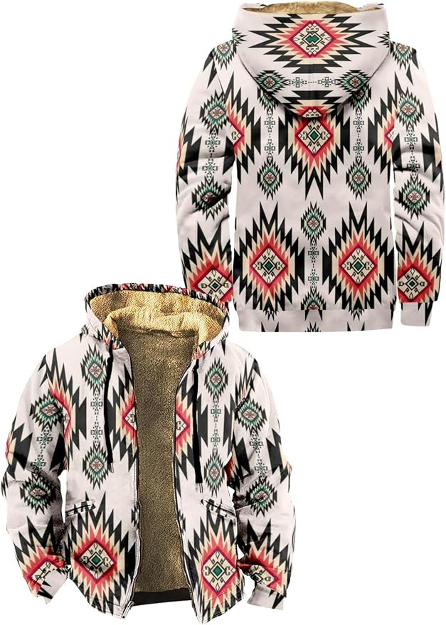 Retro Aztec Print Fleece Hooded Jacket 09