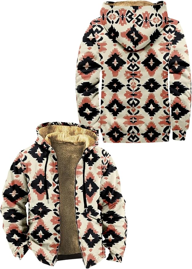 Retro Aztec Print Fleece Hooded Jacket 01