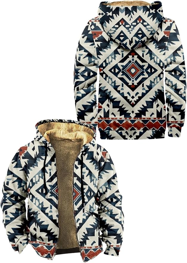 Retro Aztec Print Fleece Hooded Jacket 08