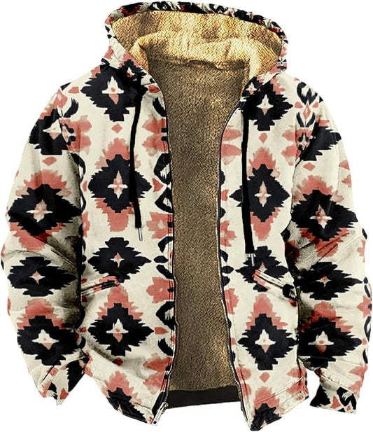 Retro Aztec Print Fleece Hooded Jacket 01
