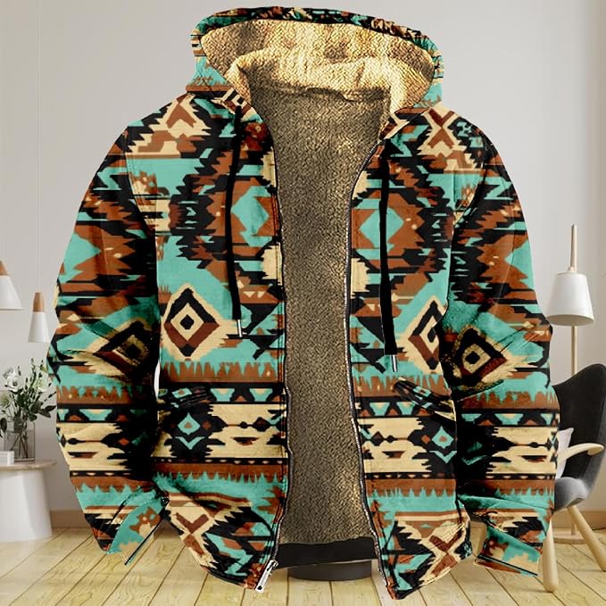 Retro Aztec Print Fleece Hooded Jacket 05
