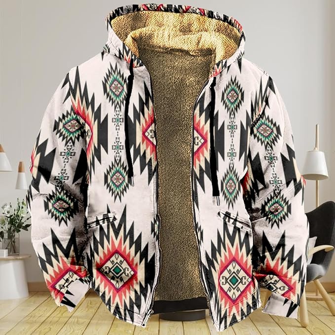 Retro Aztec Print Fleece Hooded Jacket 09