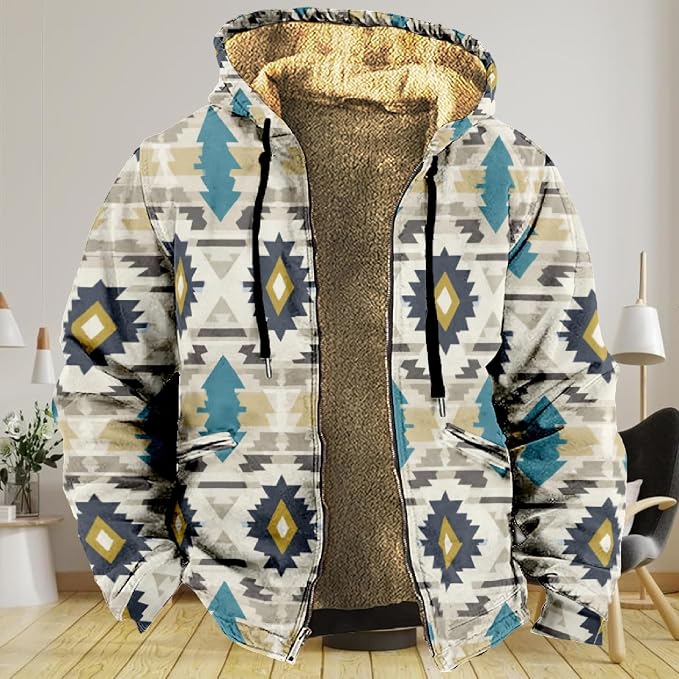 Retro Aztec Print Fleece Hooded Jacket 16