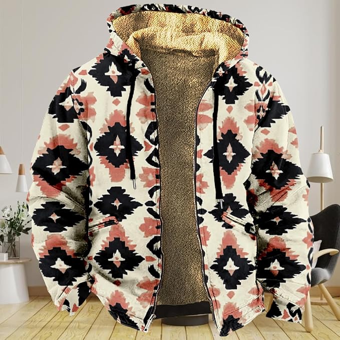 Retro Aztec Print Fleece Hooded Jacket 01